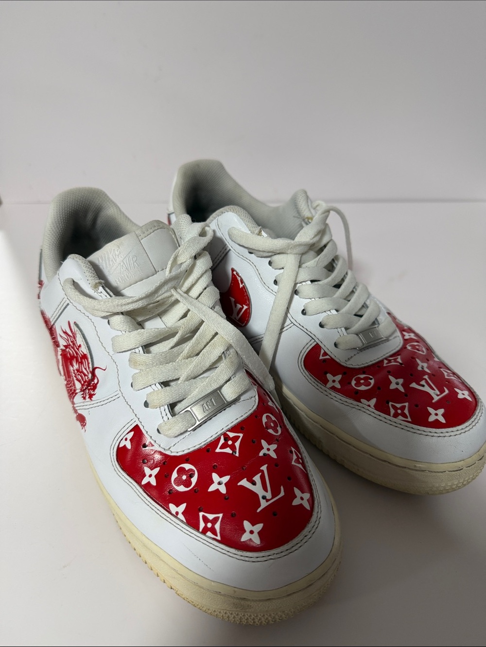 Custom AirForce 1 Nike Air Louis Vuitton White and Red Men's Athletic Sneakers
